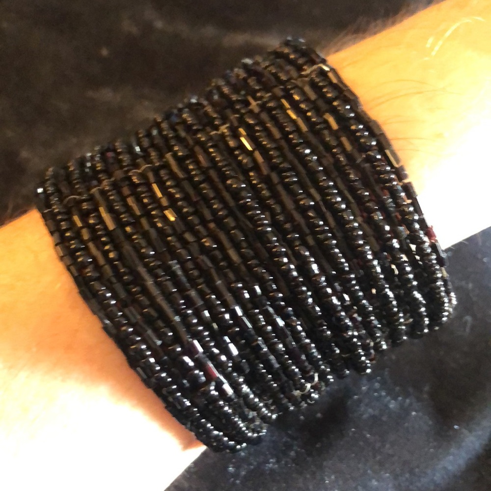 Black Seed Bead Bracelet, Adjustable Unisex Cuff Bracelet and Elegant Silk Pouch